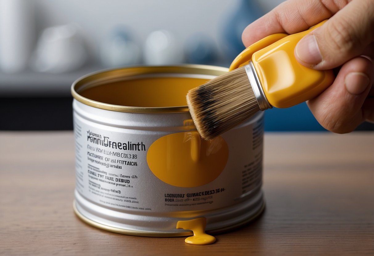 A hand dips a brush into a can of high-quality furniture paint, carefully applying it to a smooth surface. The paint glides on effortlessly, creating a flawless, professional finish