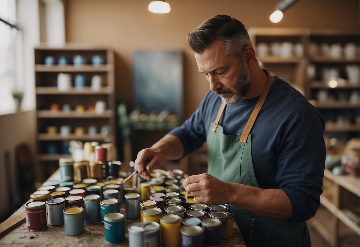 A person painting a furniture piece with a can of paint and a brush, surrounded by different paint color options and a "Frequently Asked Questions" sign