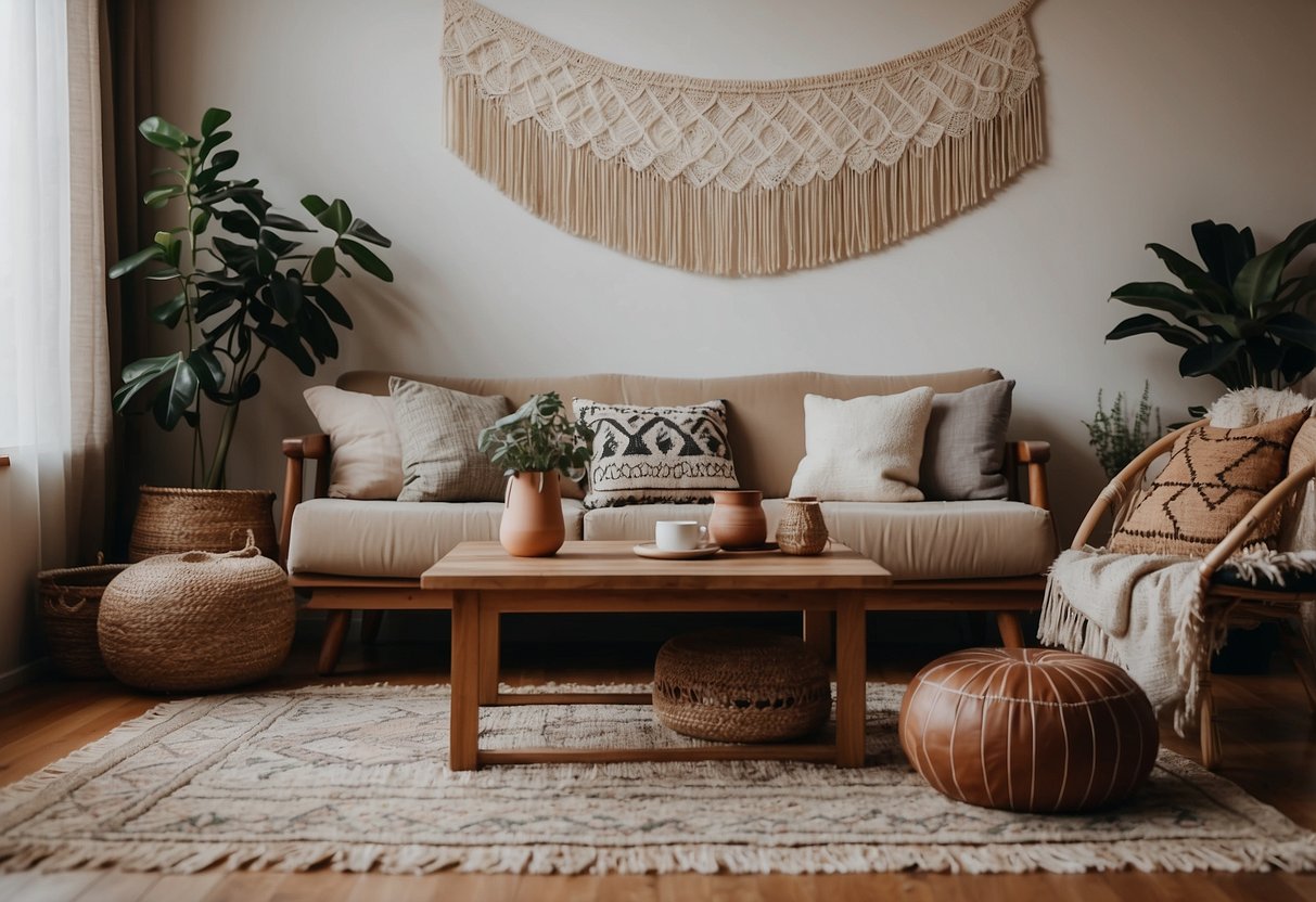 A cozy boho living room with a low wooden coffee table, floor cushions, and a macrame wall hanging