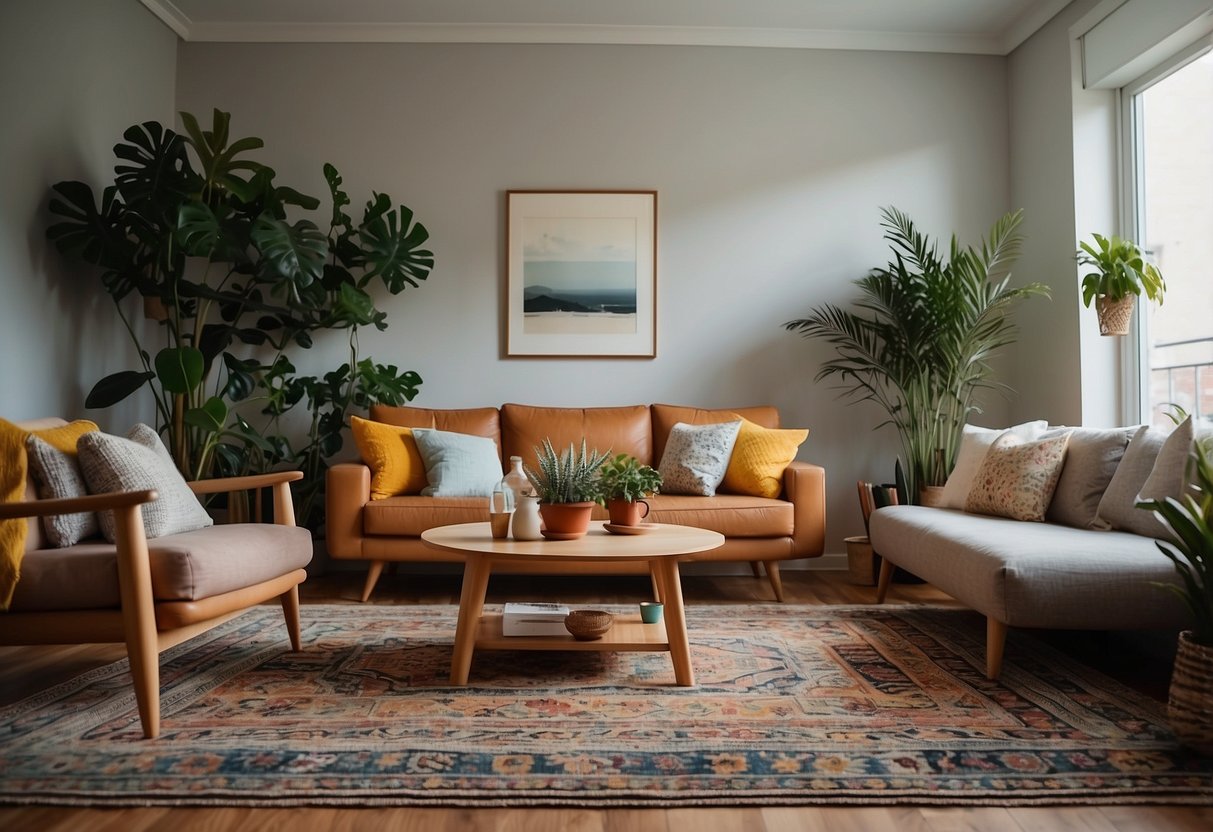 A cozy living room with a low wooden coffee table, a colorful patterned rug, floor cushions, and a variety of plants