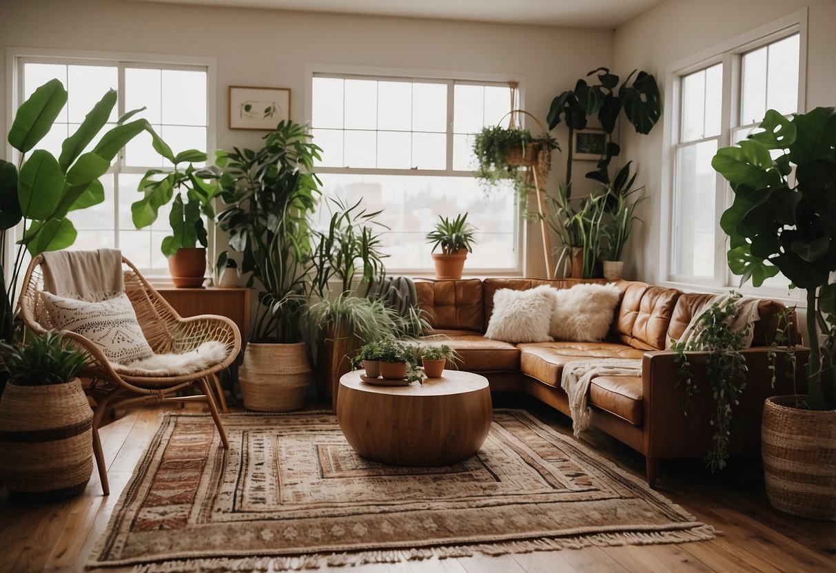 A cozy boho living room with layered rugs, low-slung seating, macrame wall hangings, and plenty of plants. A mix of earthy tones and vibrant patterns creates a relaxed and eclectic atmosphere
