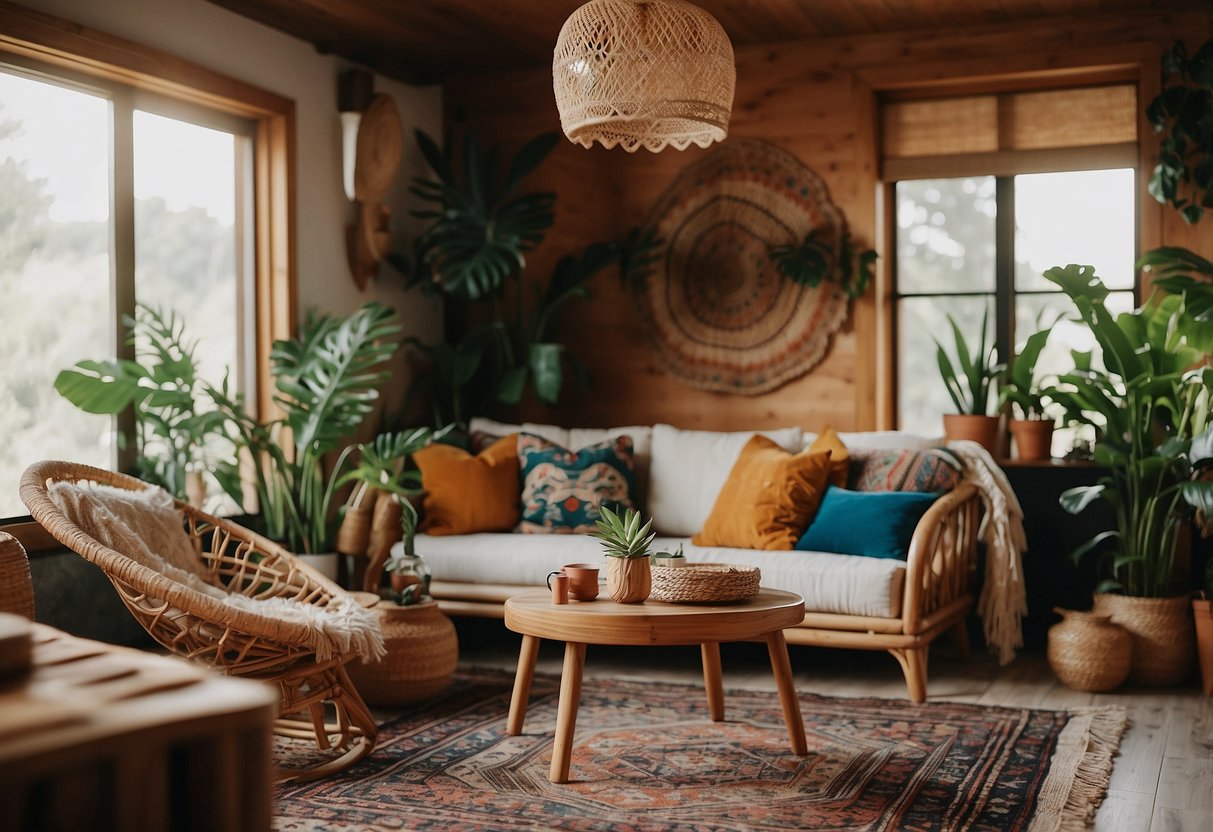 A cozy living room with bohemian furniture, including a low-slung sofa, colorful throw pillows, and a vintage rug. A rattan chair and a macramé wall hanging add to the boho vibe
