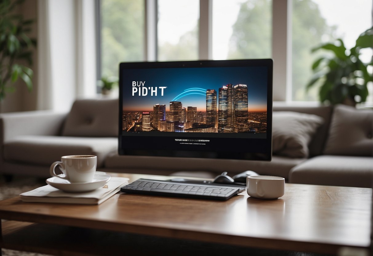 A computer screen shows a living room with a sofa, coffee table, and rug. A cursor hovers over a "buy now" button