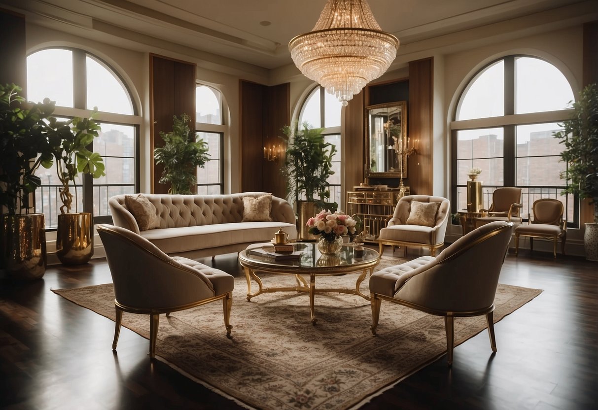 A room filled with polished brass furniture, including a gleaming coffee table, elegant chairs, and a grand chandelier