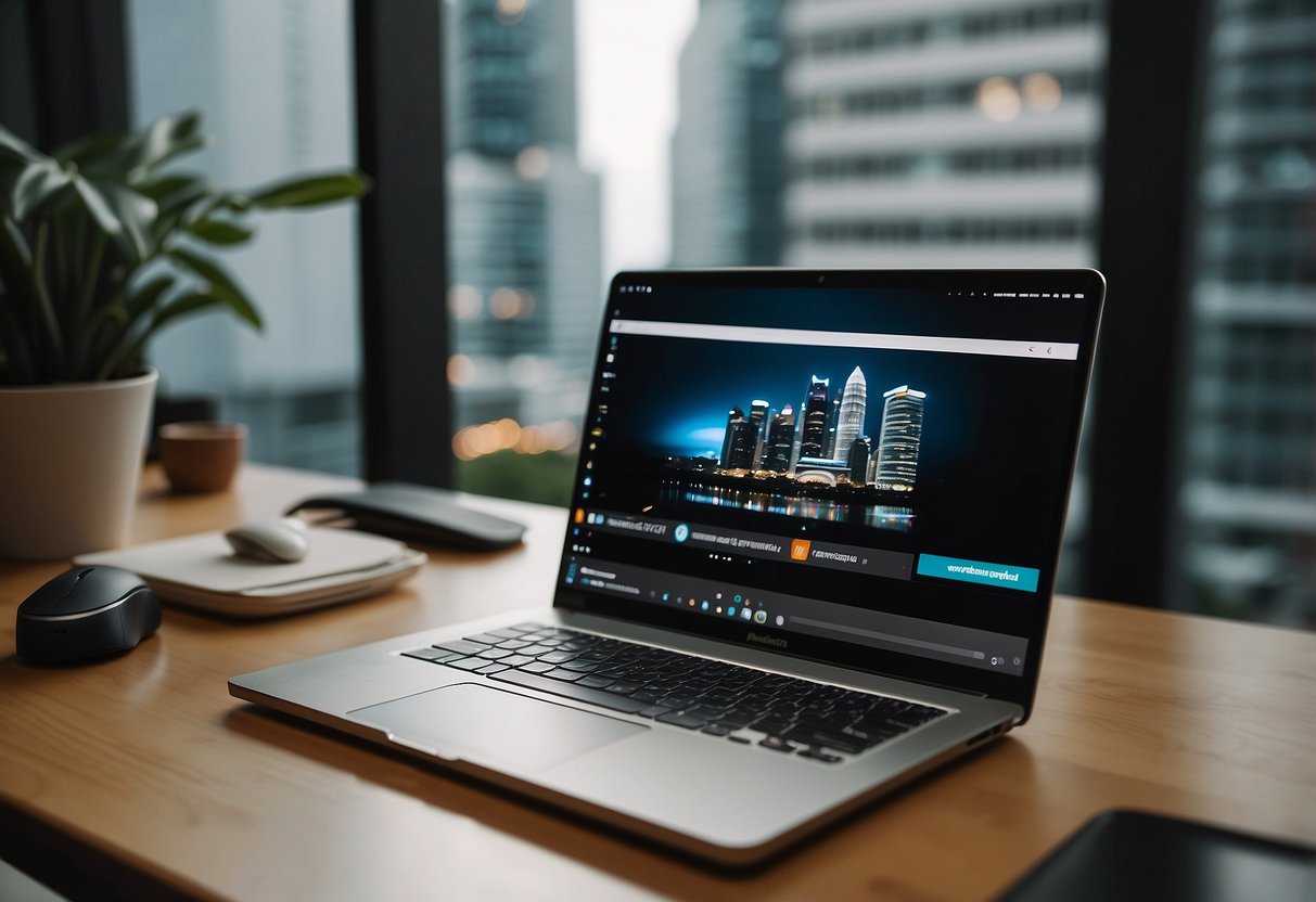 A laptop sits open on a sleek, modern desk. A hand reaches for a mouse, while the screen displays various furniture options for online shopping in Singapore