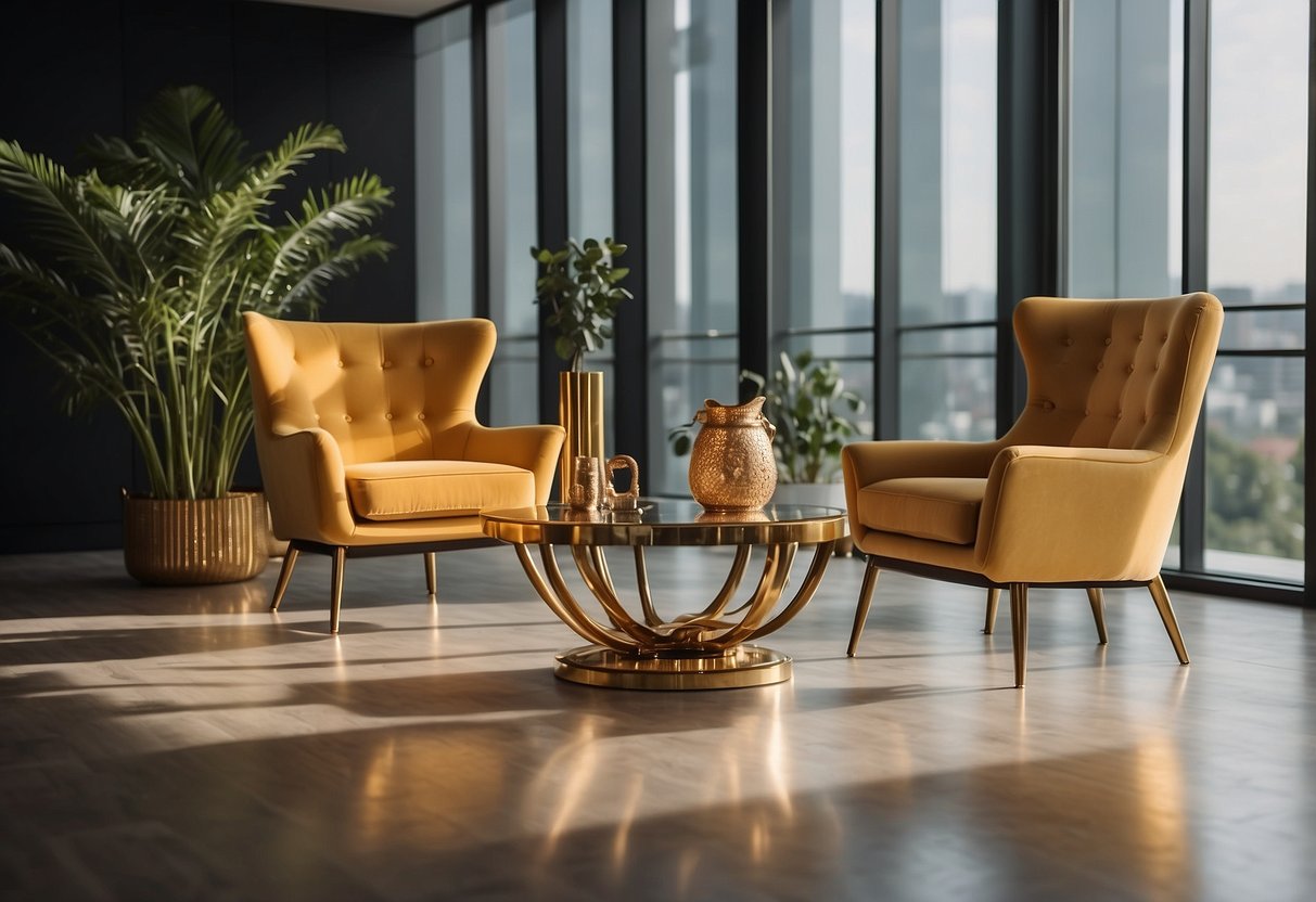 A well-lit room with brass furniture arranged in a modern and elegant style, casting warm reflections and adding a touch of sophistication to the interior design