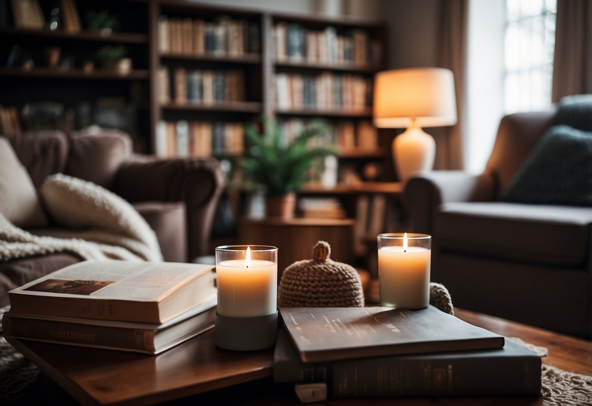 A cozy living room with a plush sofa, soft throw blankets, and a warm rug. A bookshelf filled with books and a scented candle on the coffee table