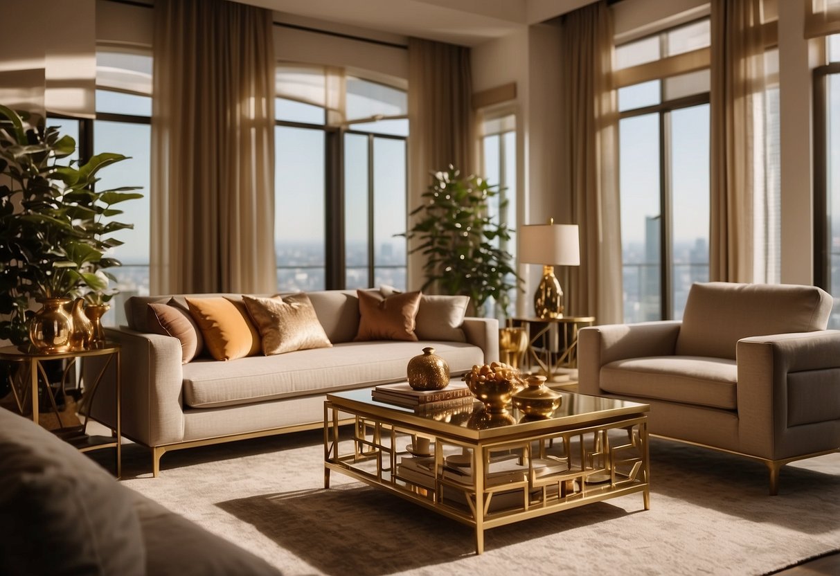 A living room with a brass coffee table, lamp, and picture frames. The warm glow of the brass accents adds elegance to the space