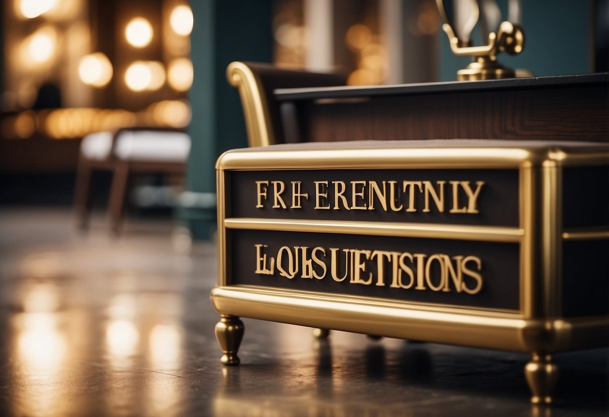A brass furniture set displayed with a "Frequently Asked Questions" sign nearby