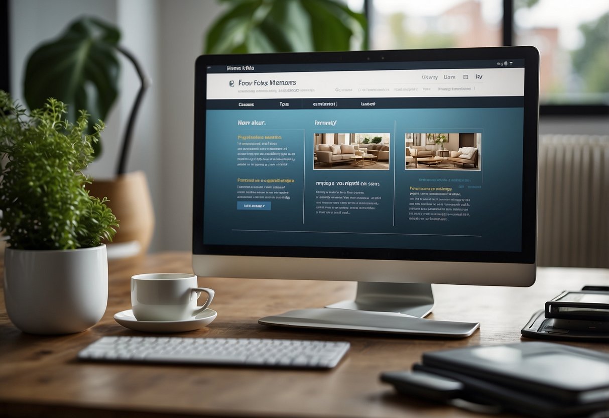 A computer screen displaying a webpage with "Frequently Asked Questions" about home furniture online shopping. A variety of furniture items are shown in the background