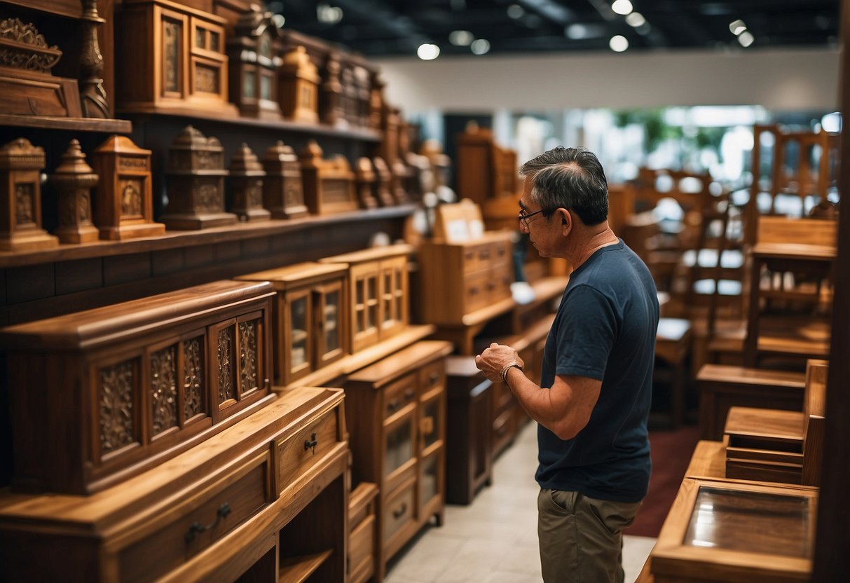 A customer browsing through a variety of wooden furniture at a local store in Singapore, searching for affordable options