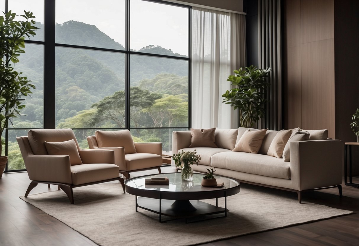 A modern living room with sleek furniture from Choice Furniture SG. Clean lines, neutral colors, and minimalist design create a stylish and inviting space