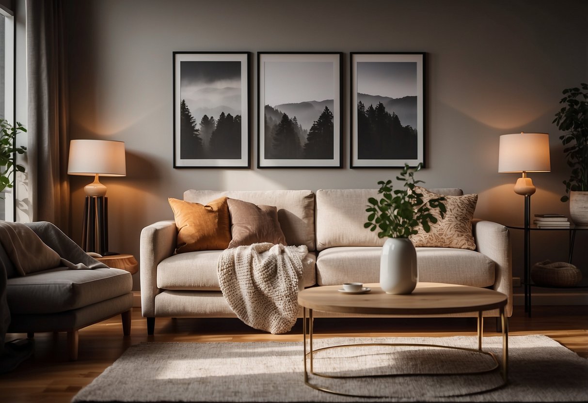 A cozy living room with a comfortable sofa, a stylish coffee table, and a soft rug. The walls are adorned with framed artwork, and a warm, inviting light fills the space
