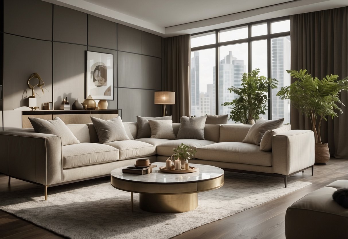 A modern living room with sleek, minimalist Artésia furniture, featuring clean lines and neutral colors, illuminated by natural light from large windows