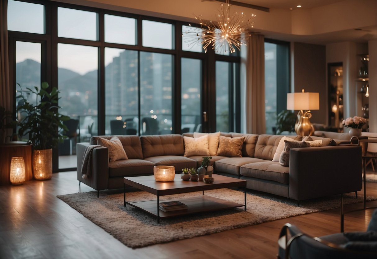A cozy living room with elegant furniture, warm lighting, and intricate decor