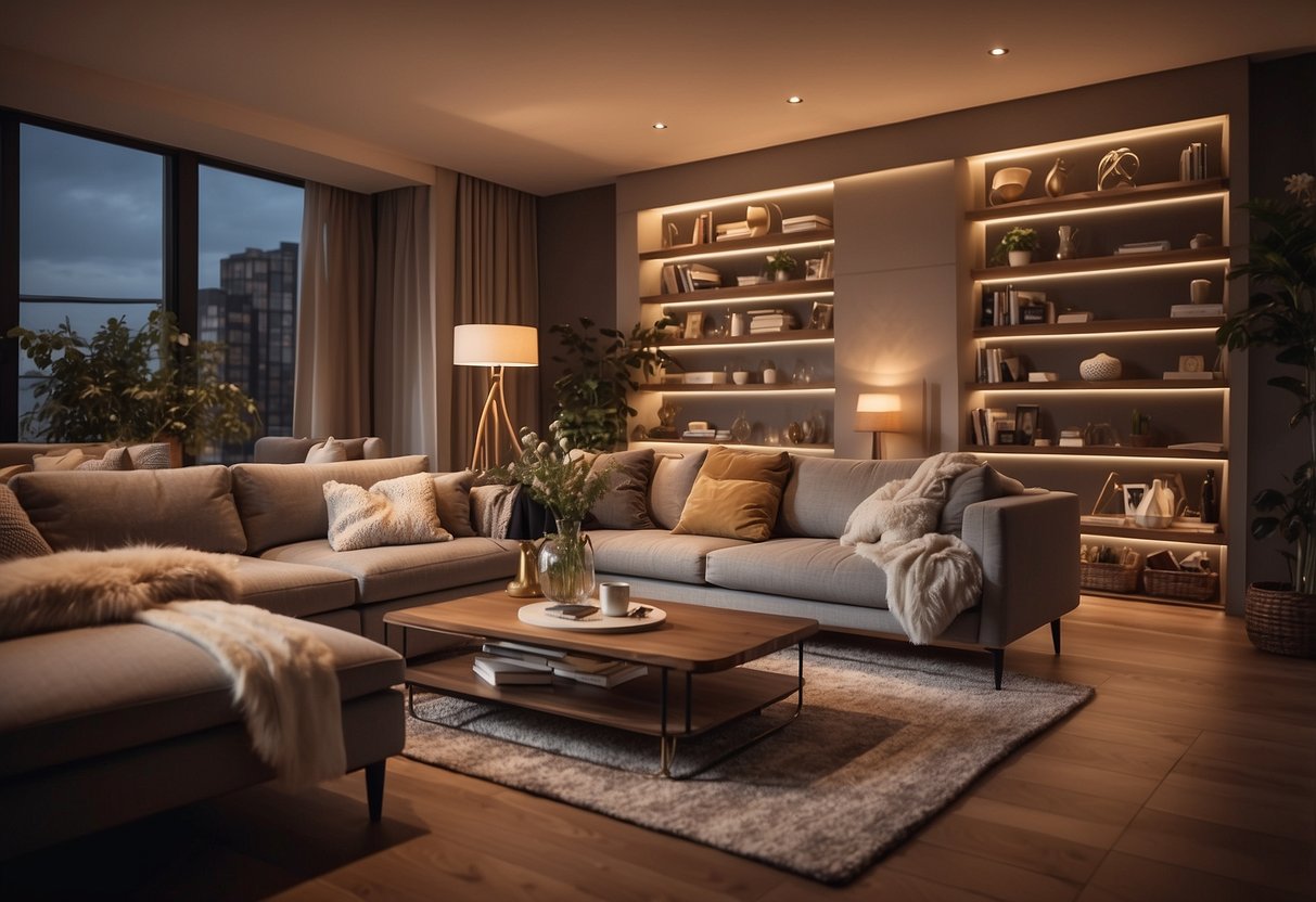 A cozy living room with a modern sofa, sleek coffee table, and stylish bookshelf. Soft lighting and warm colors create a welcoming atmosphere