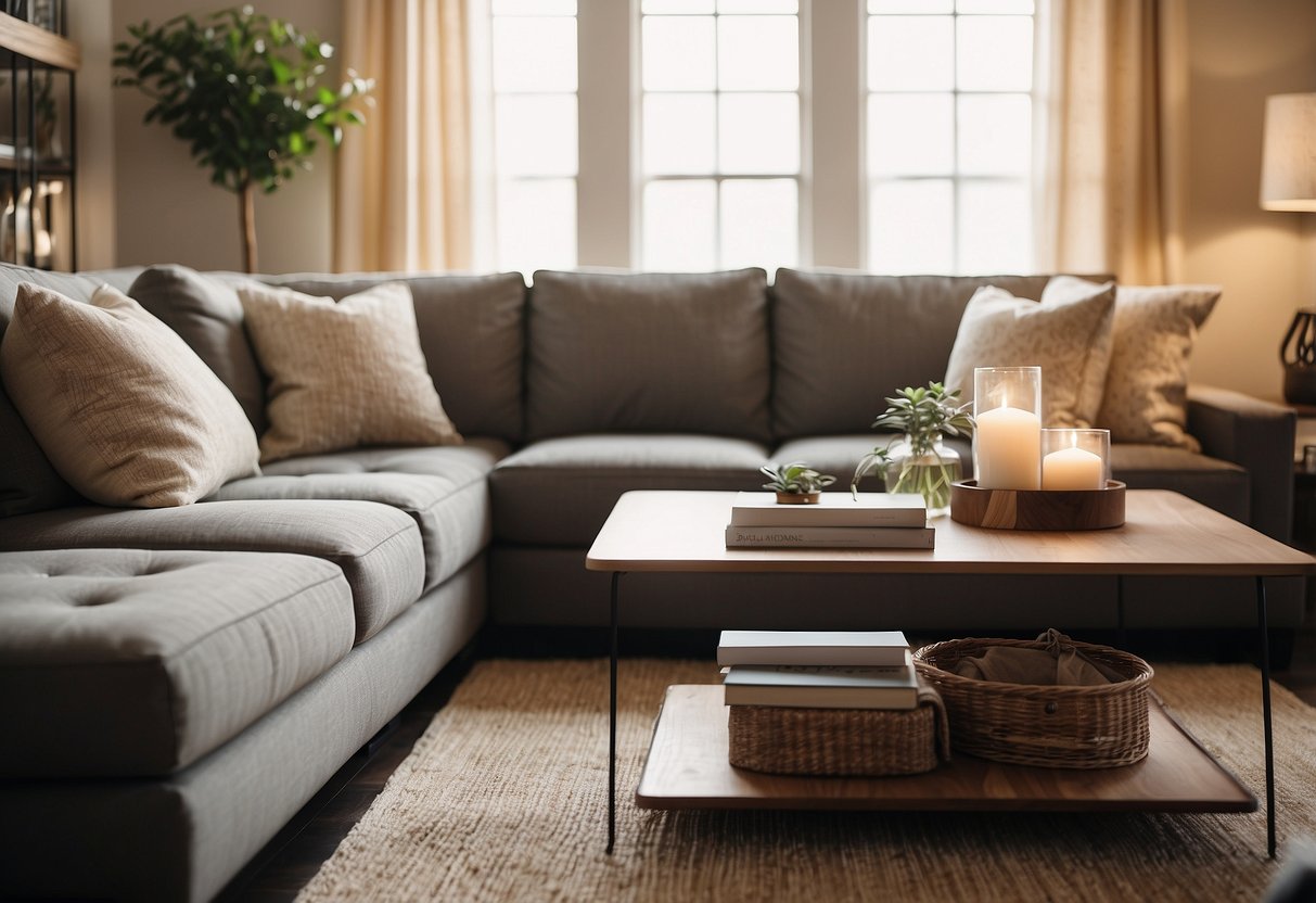 A cozy living room with an Ashley furniture sectional as the focal point, surrounded by soft throw pillows and a warm, inviting ambiance