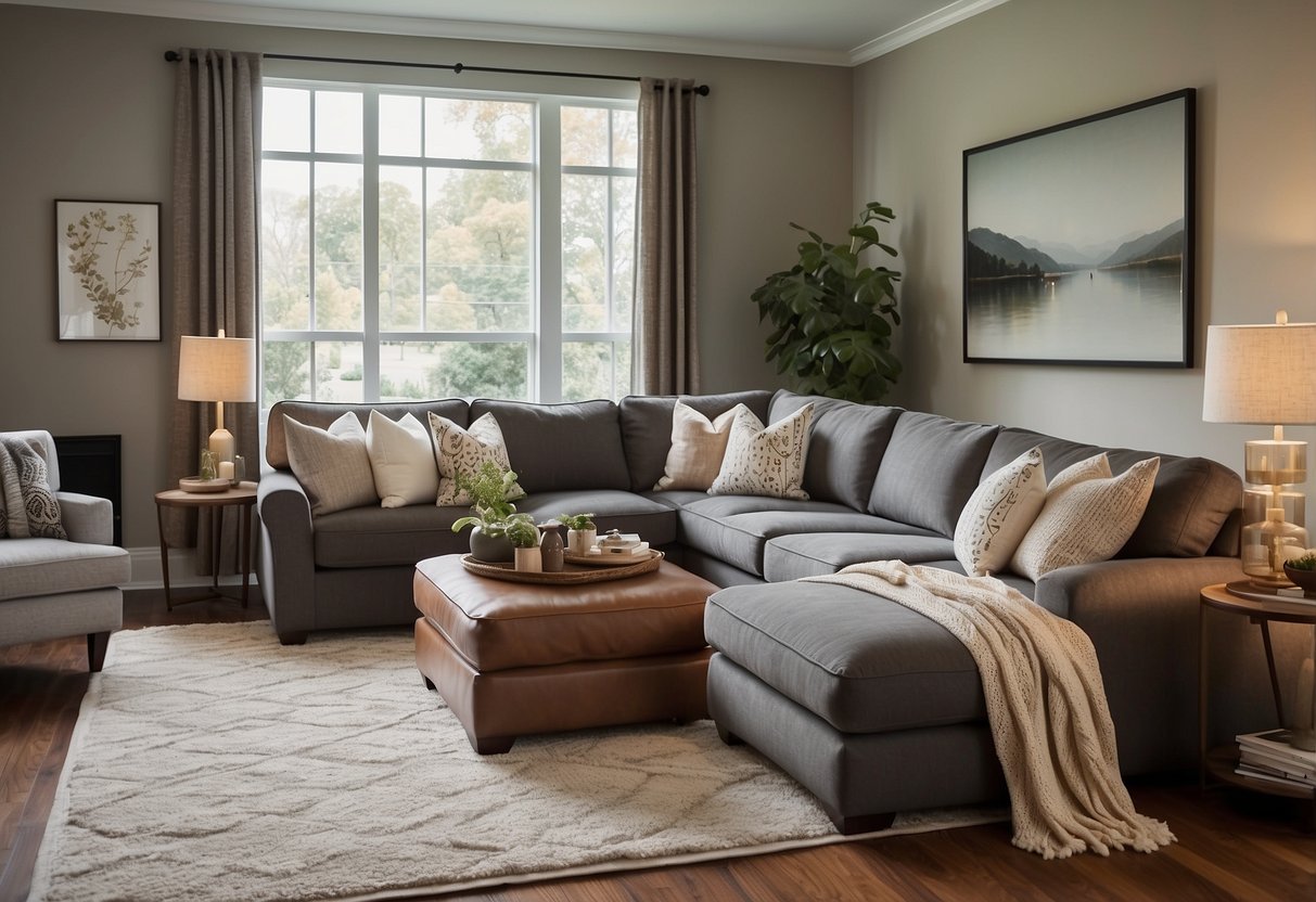 A cozy living room with a spacious Ashley Furniture sectional as the focal point. Soft pillows and a warm throw blanket add to the inviting atmosphere