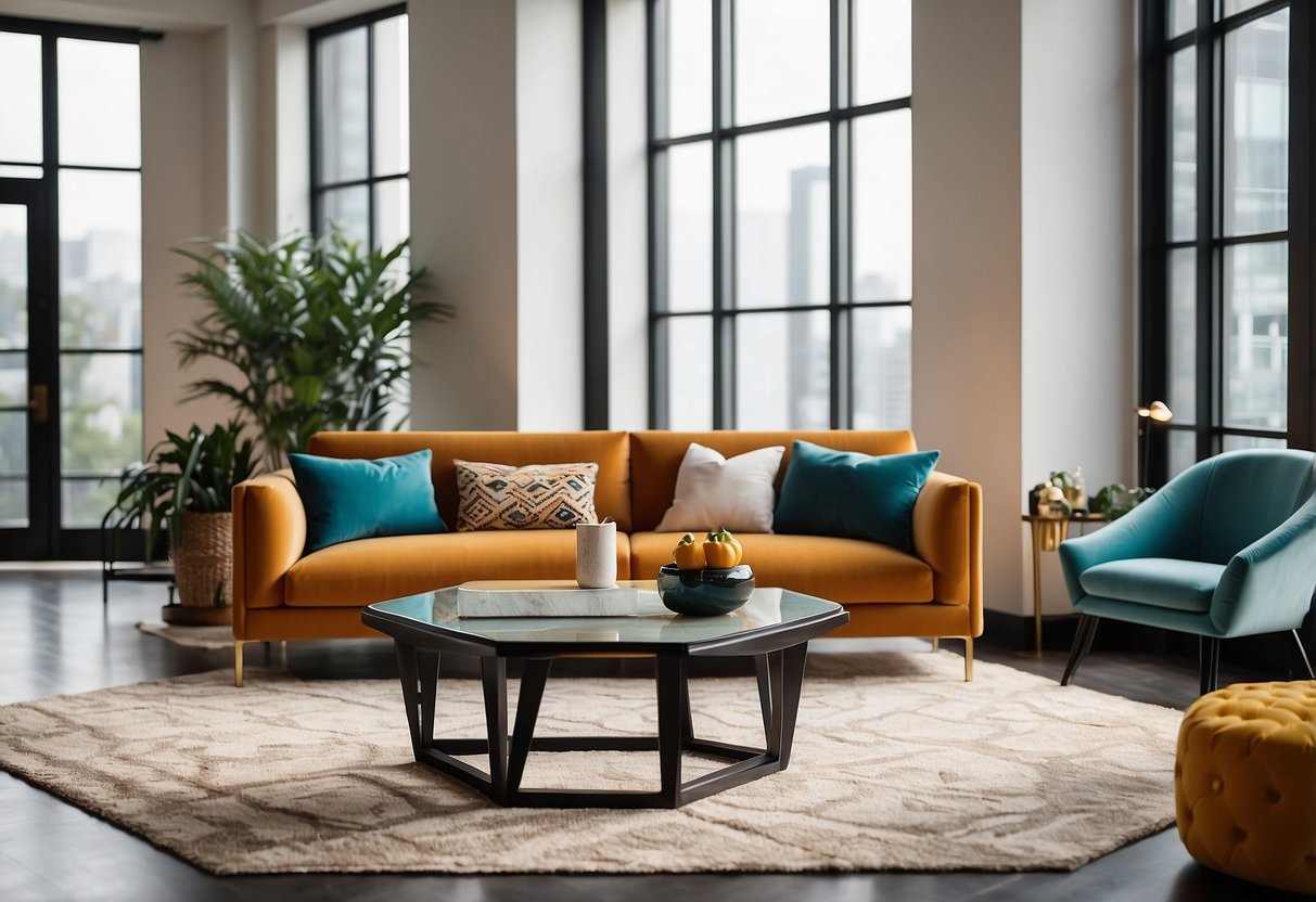 A modern living room with Art Deco-inspired furniture, featuring a sleek sofa and a geometric coffee table. The space is filled with natural light and accented with vibrant pops of color