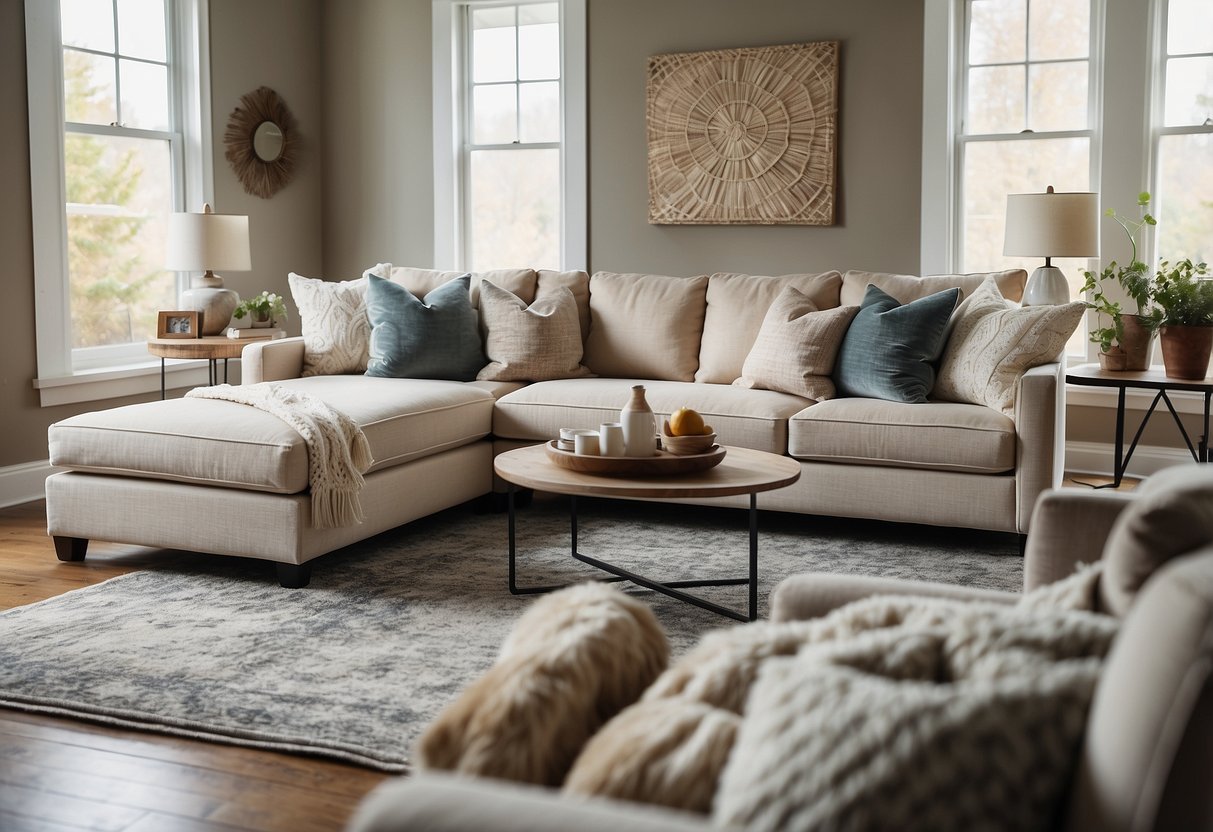A cozy living room with a modern Ashley furniture sectional as the focal point, surrounded by plush throw pillows and a soft, neutral-colored rug