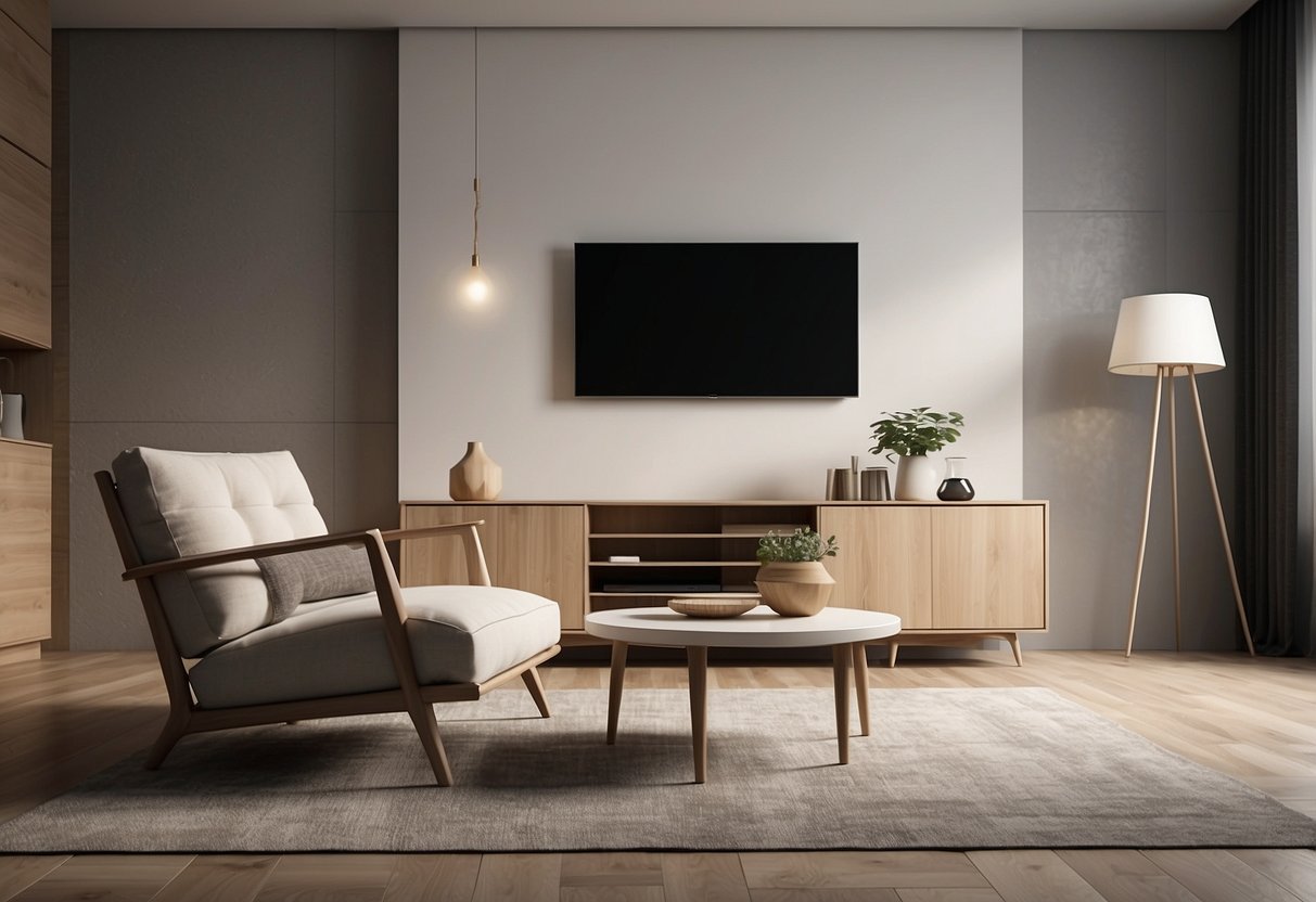 Furniture anchored with adhesive straps to wall and floor. No drilling