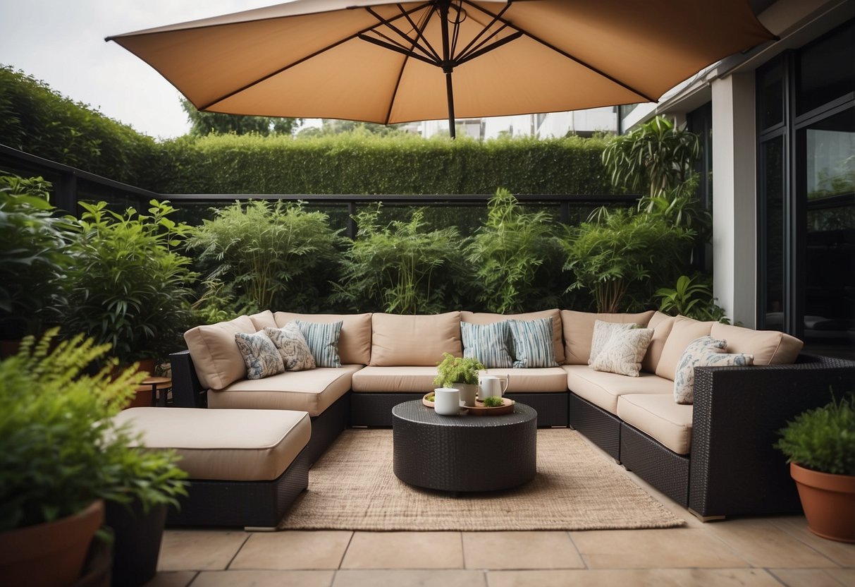 A patio with modern, sleek outdoor furniture arranged under a large umbrella, surrounded by lush greenery and potted plants