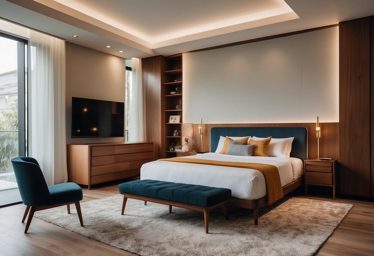 A room with austinsuite furniture, featuring sleek, mid-century modern designs in rich wood tones and clean lines