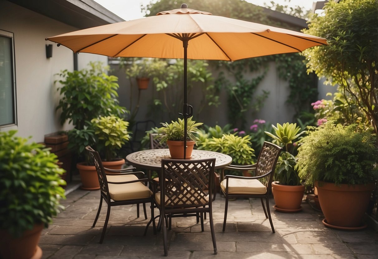 A patio set with a table, chairs, and an umbrella, surrounded by potted plants and outdoor lighting
