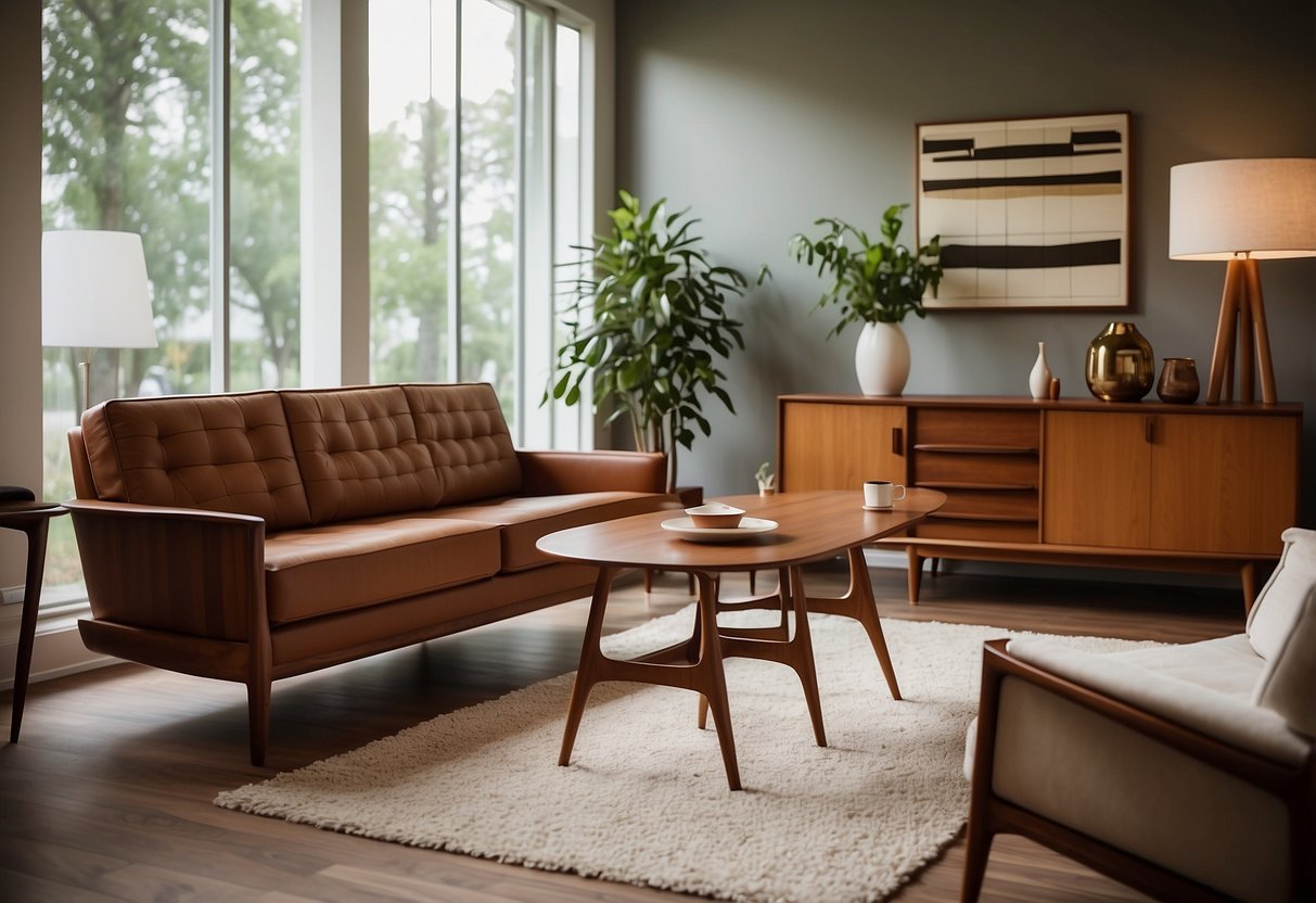 A mid-century modern living room showcases austinsuite furniture, featuring clean lines, teak wood, and tapered legs. Classic design meets sleek functionality