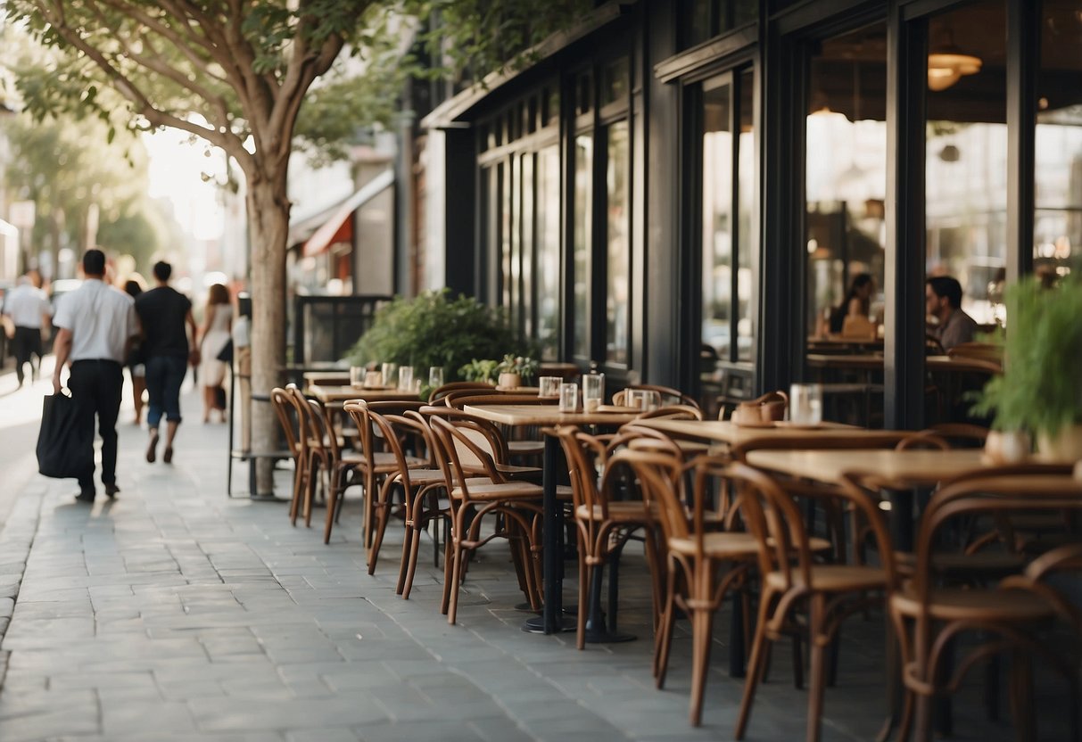 A bustling outdoor cafe with sleek, durable furniture. Patrons enjoy the comfortable seating while sipping on drinks and chatting
