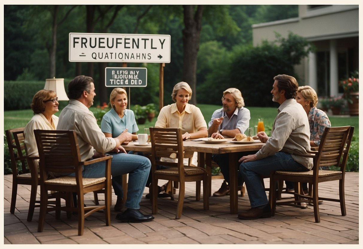 A group of people gathered around a set of outdoor furniture, pointing and discussing, with a sign nearby reading "Frequently Asked Questions."