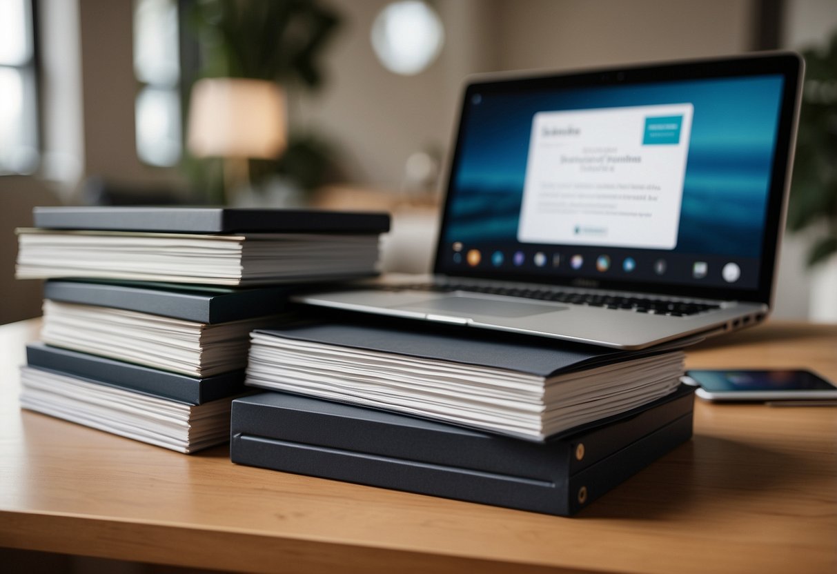 A stack of brochures and a laptop open to a FAQ page, surrounded by austinsuite furniture pieces