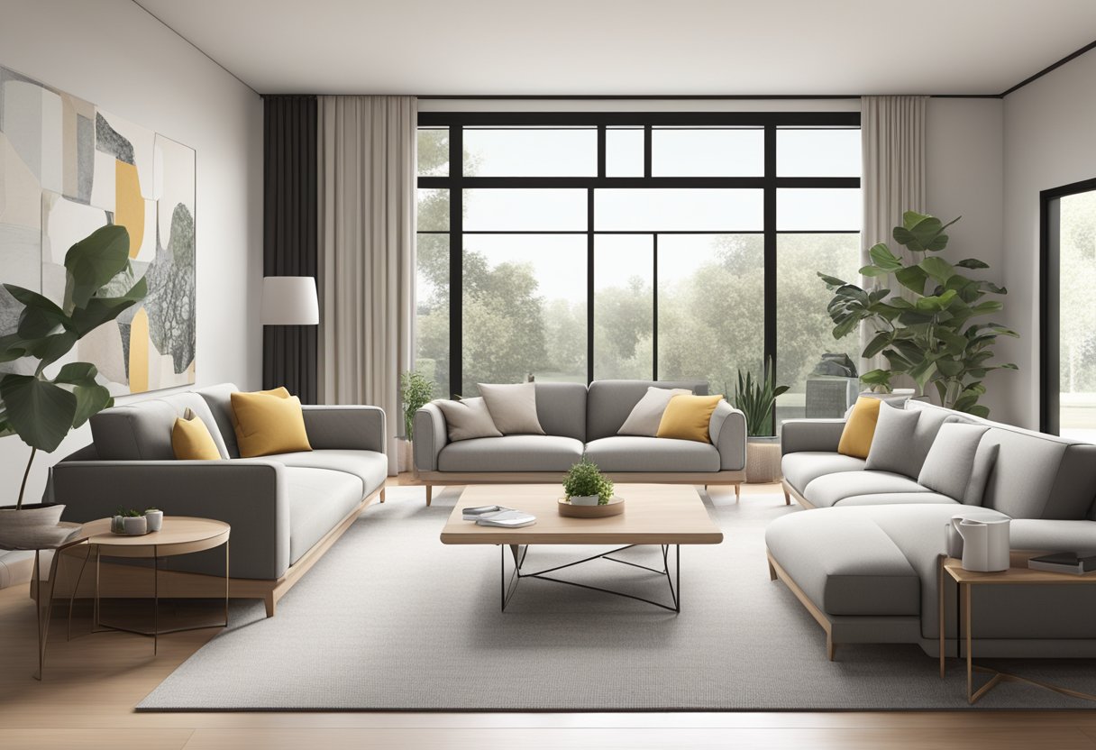 A modern living room with sleek, minimalist furniture, neutral colors, and natural materials. A large, comfortable sofa sits opposite a stylish coffee table, with clean lines and geometric shapes