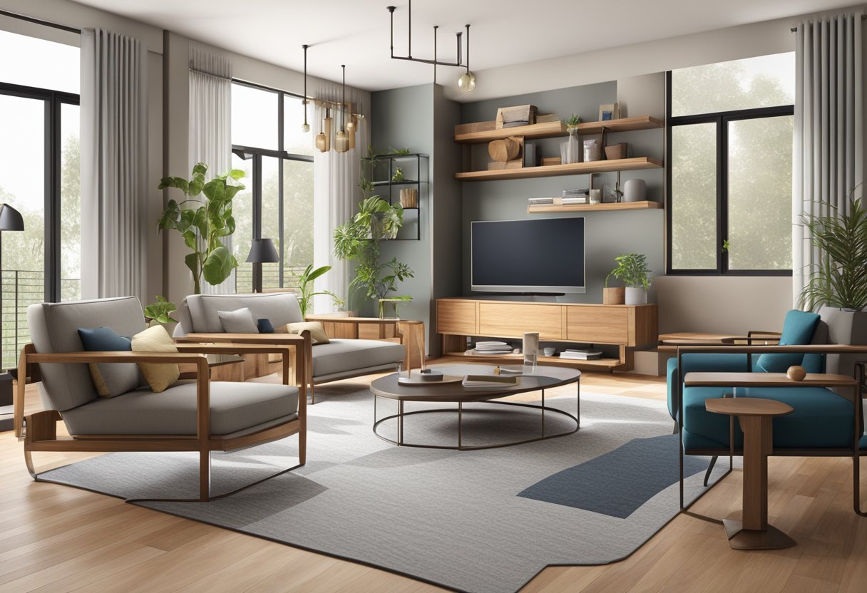 A room with modern furniture in various styles and materials, including clean lines, natural wood, and metal accents