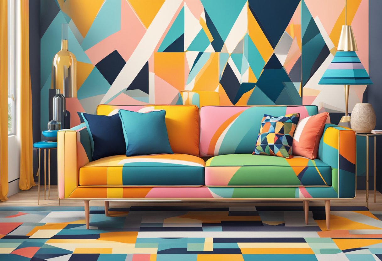Vibrant colors and bold patterns adorn modern furniture pieces, creating a dynamic and lively atmosphere