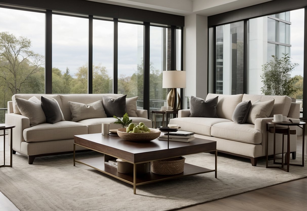 A modern living room with sleek, minimalist Barbara Barry furniture. Clean lines, neutral colors, and elegant simplicity