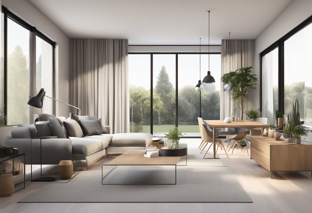 A room with modern furniture: sleek, clean lines, and neutral colors. A mix of materials like wood, metal, and glass. Minimalist decor and open spaces