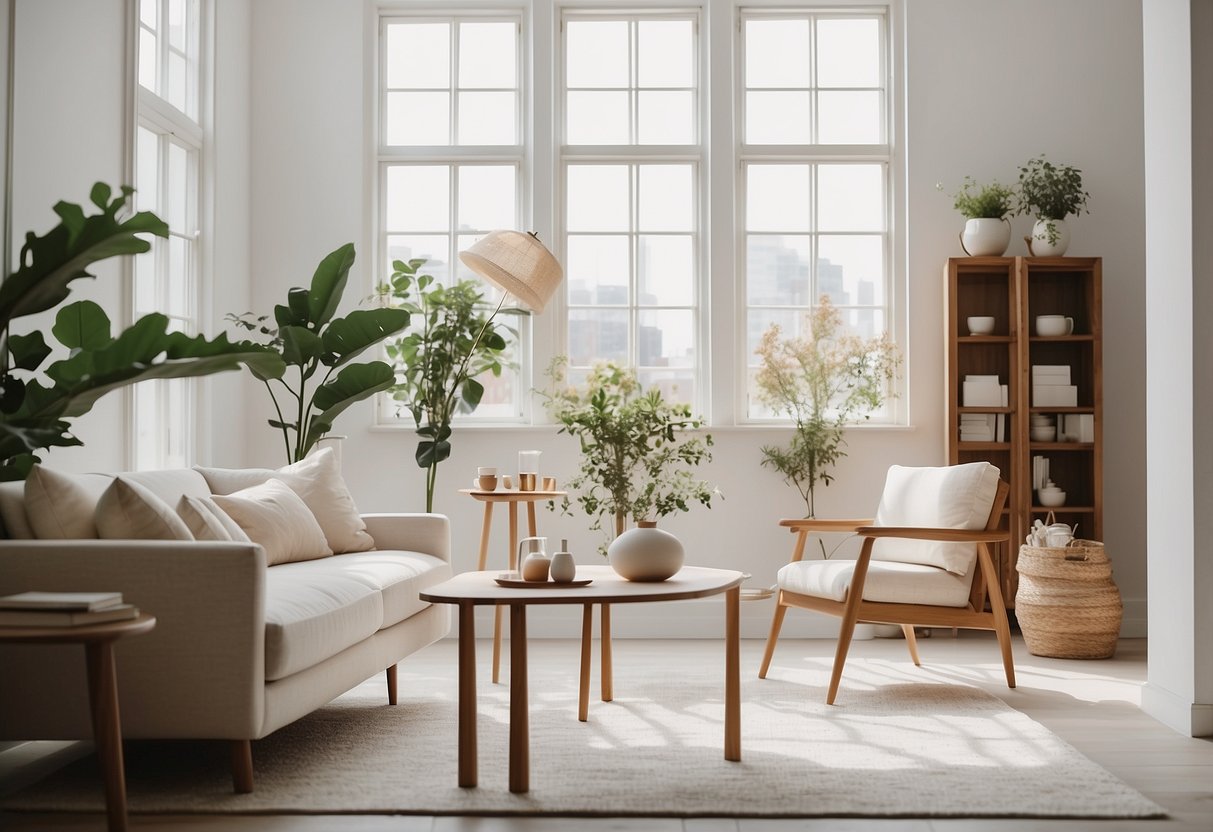 A bright, airy studio filled with natural light and minimalist decor. Clean lines and soft, neutral colors create a serene and timeless atmosphere, with carefully curated furniture pieces showcasing elegance and simplicity