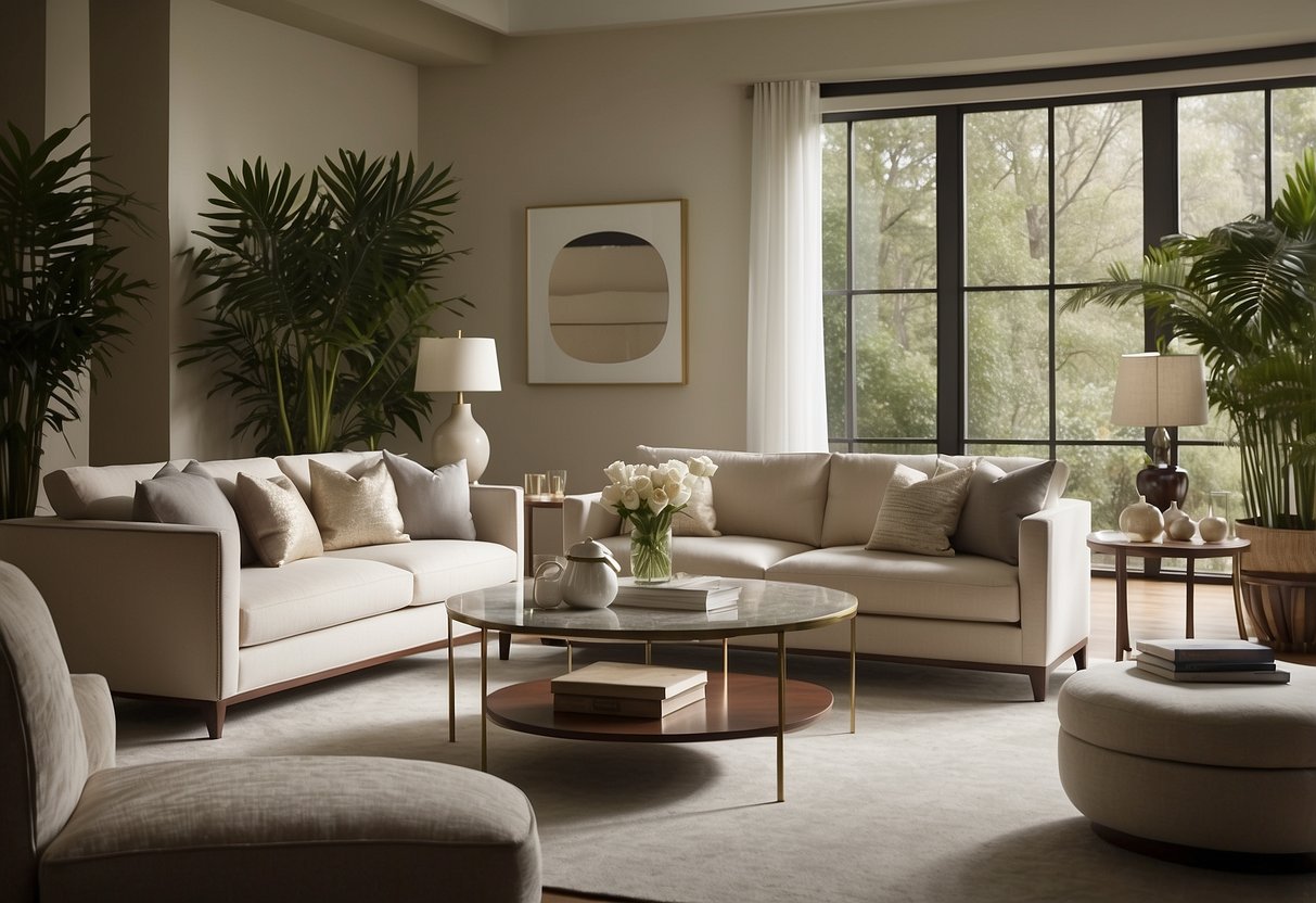 A serene living room with Barbara Barry Collection furniture, featuring elegant lines and soft, neutral tones, creating a timeless and sophisticated ambiance
