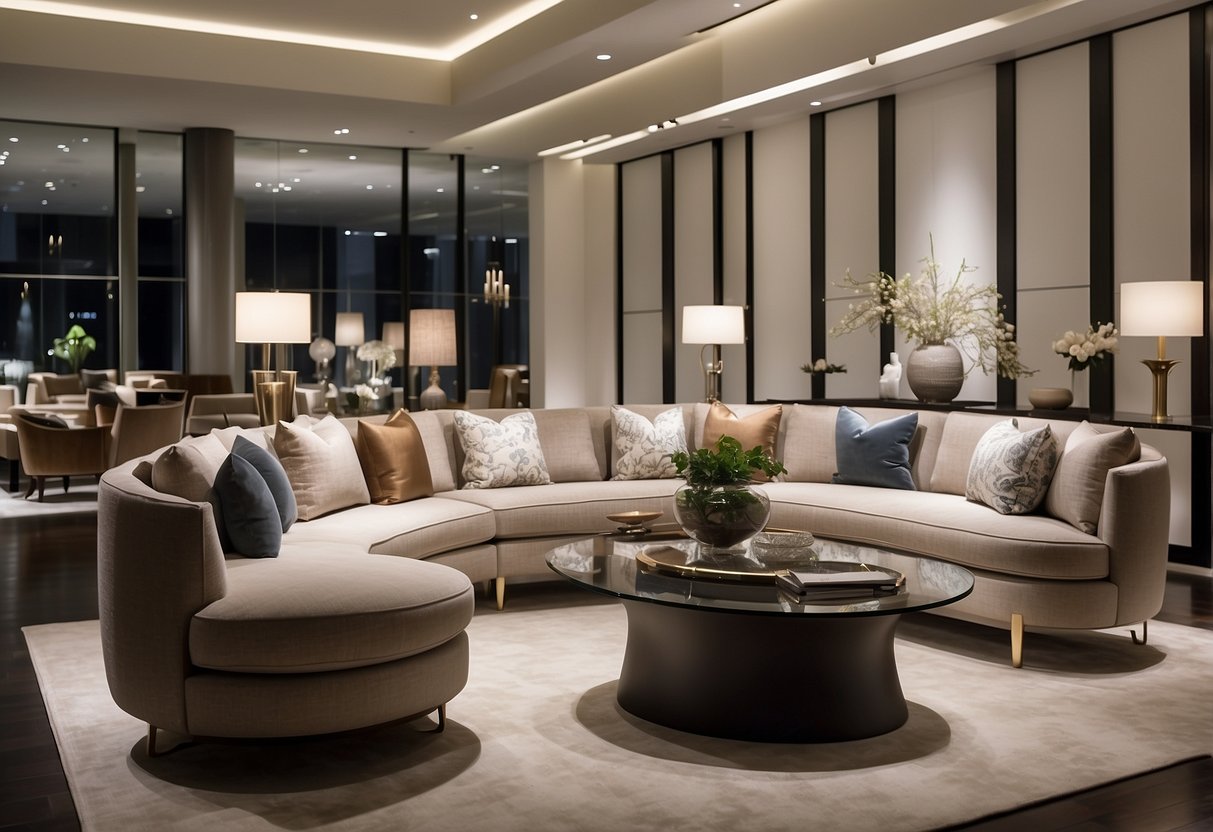A sleek and modern furniture showroom with clean lines and neutral colors. Various pieces of Barbara Barry furniture are displayed with elegant lighting
