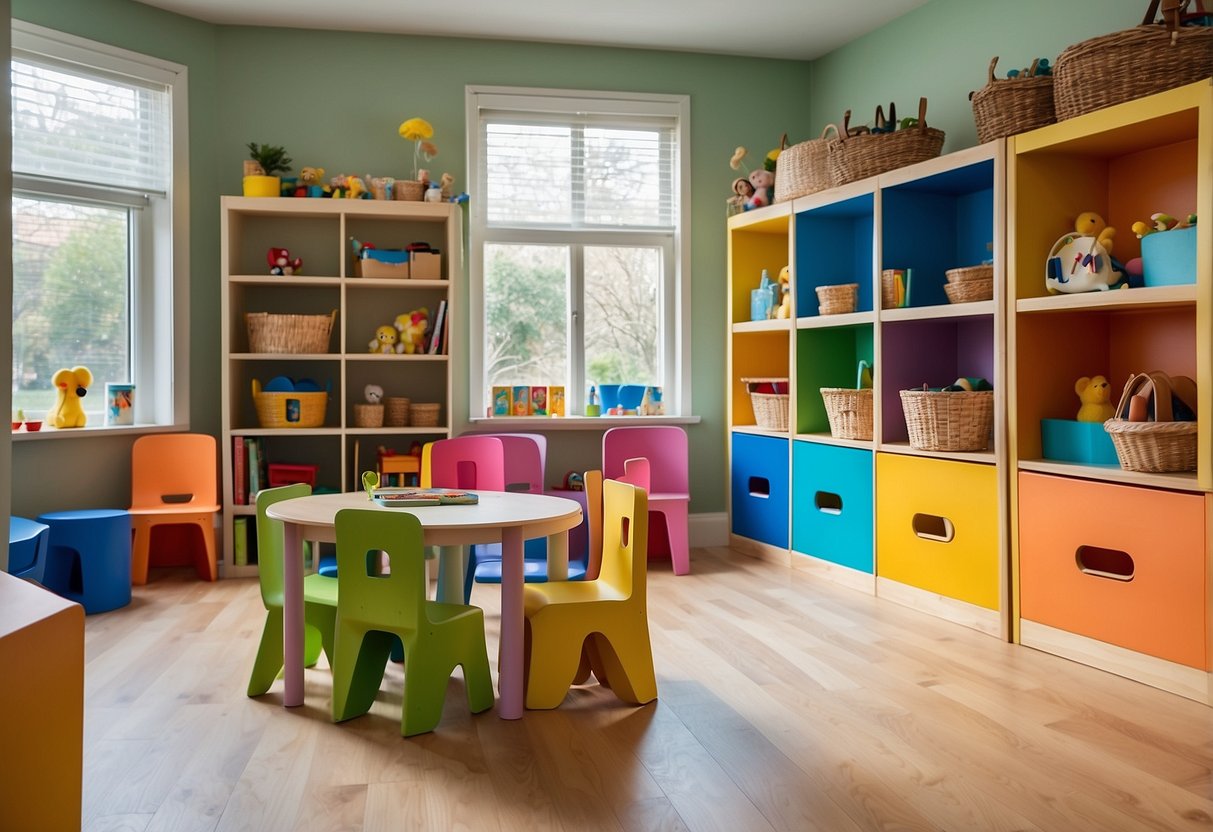 A colorful playroom with sustainable wooden tables, chairs, and shelves. Bright, nature-themed decor and recycled material bins complete the eco-friendly children's furniture scene