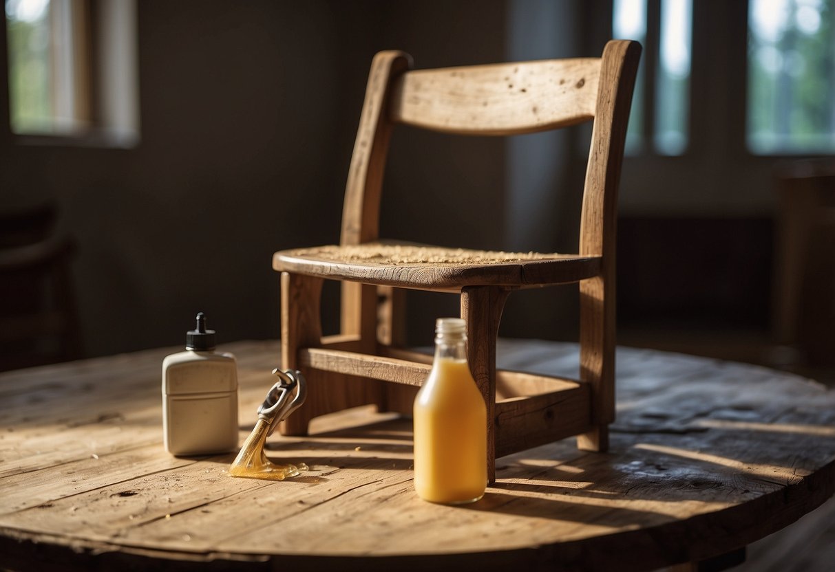 A cracked wooden chair sits in a well-lit room. A person holds a bottle of wood glue and a clamp, ready to repair the damage