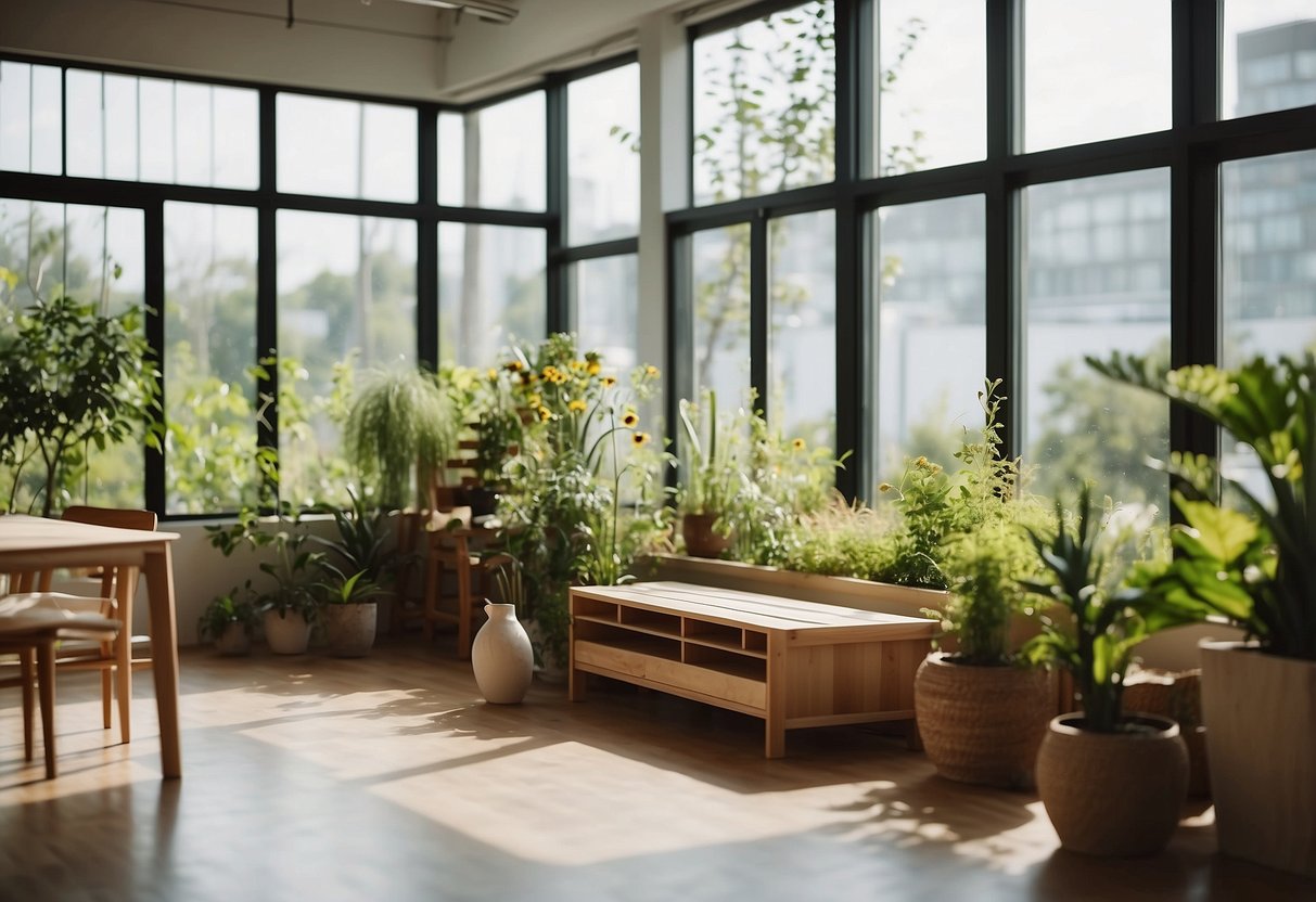 A bright, open room with sustainable, child-sized furniture made from natural materials. Large windows let in plenty of natural light, and there are plants and greenery throughout the space