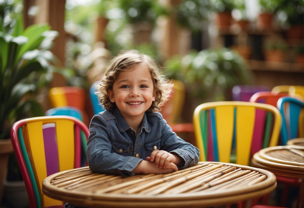 A child happily sits at a small, round table made from sustainable bamboo, surrounded by colorful, non-toxic chairs. The room is filled with natural light, and there are potted plants and recycled materials scattered throughout the space