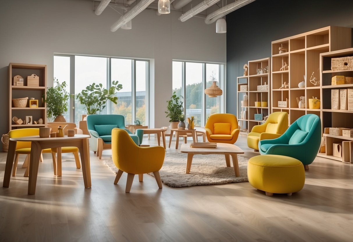 Children's furniture made of sustainable materials displayed with eco-friendly labels in a bright, modern showroom