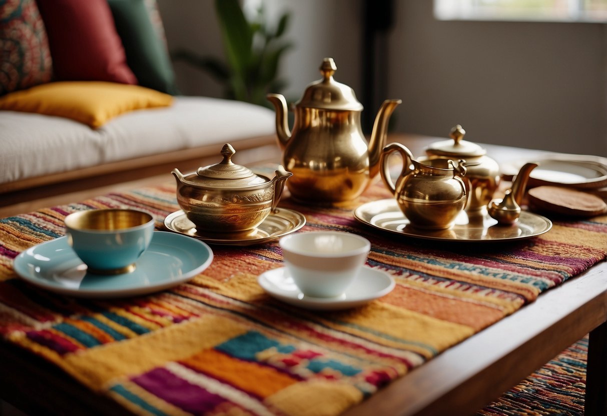 A low wooden table surrounded by colorful floor cushions, a patterned rug, and a brass tea set on a woven mat