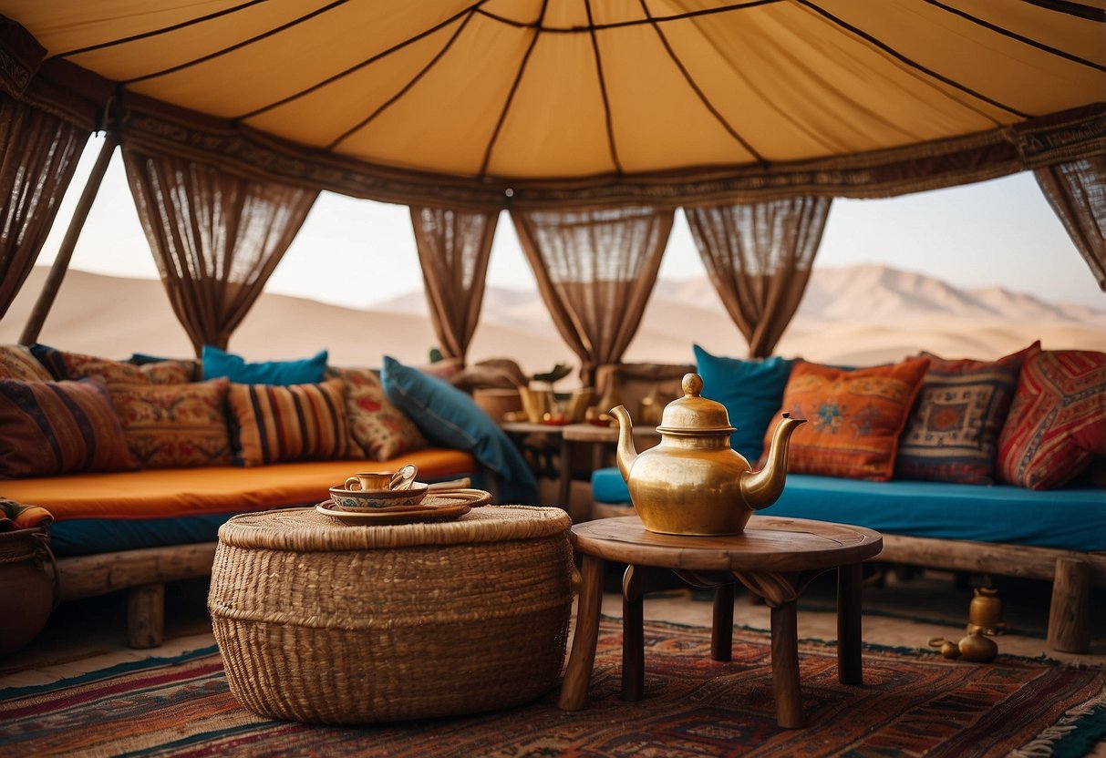A modern Bedouin tent with low-slung, cushioned seating and colorful textiles. A brass tea set and woven baskets adorn the space