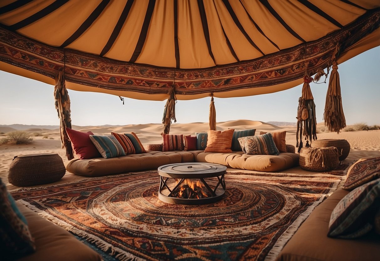A traditional Bedouin tent with colorful rugs, low wooden tables, and cushions for seating. A fire pit in the center and woven tapestries hanging from the ceiling