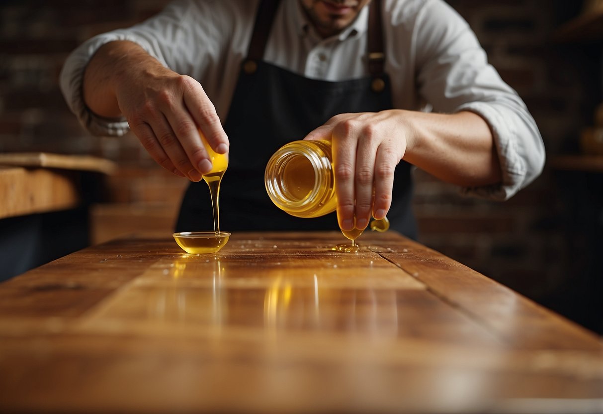 A hand selecting and applying oil to a wooden furniture surface with a cloth, showing the process of protecting and enhancing the wood