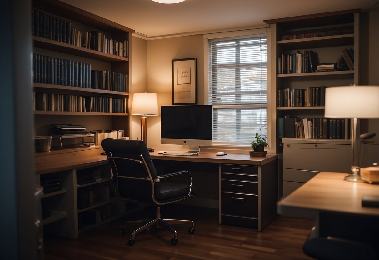 A study room with a desk, chair, bookshelf, and lamp, all available for rent